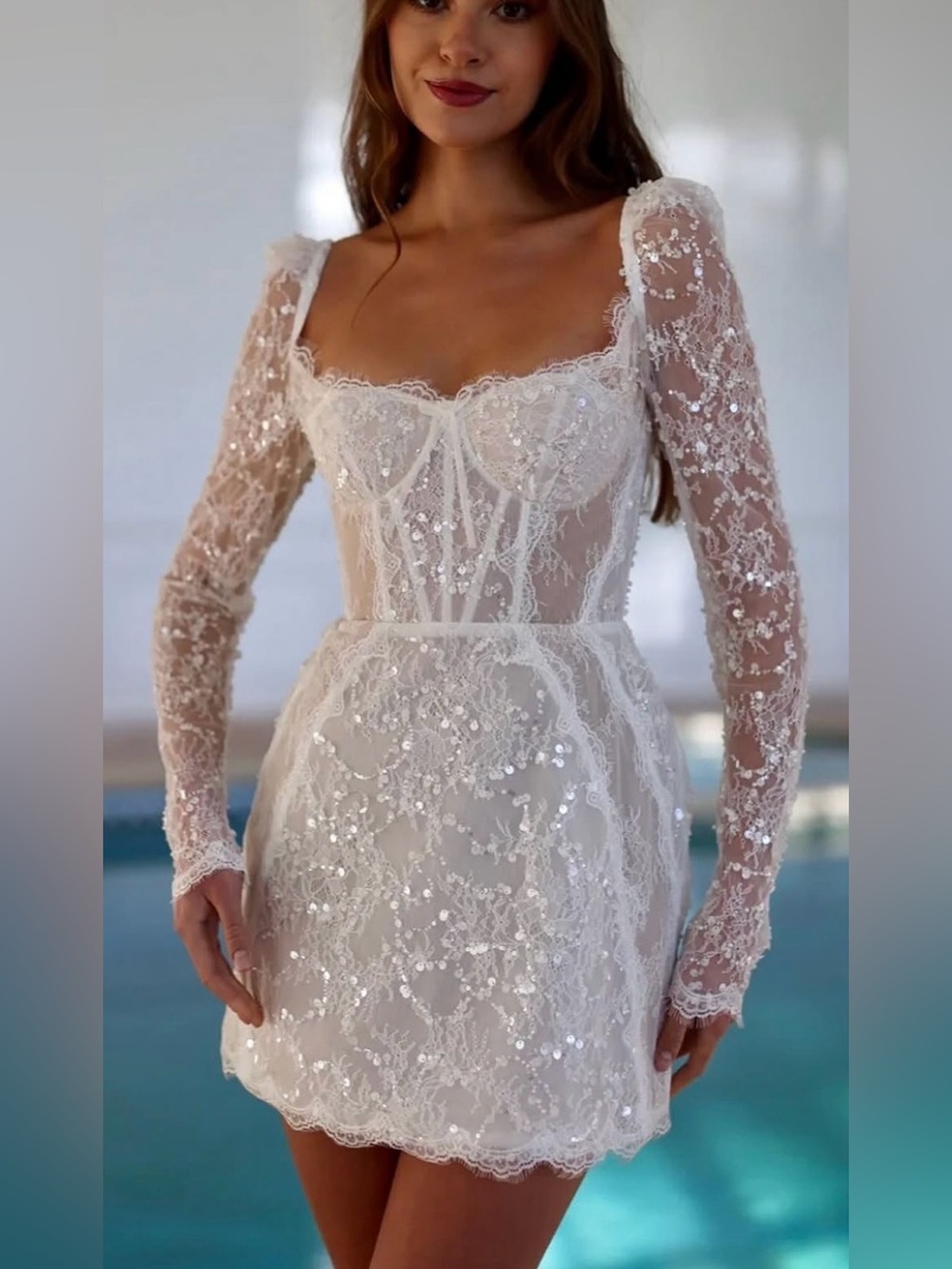 NWOT- White Lace Sequin Mini Dress with Long Sleeves